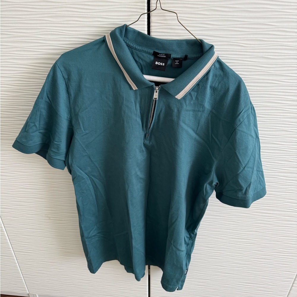 Boss Teal Polo Shirt with Zip Collar Sz XL